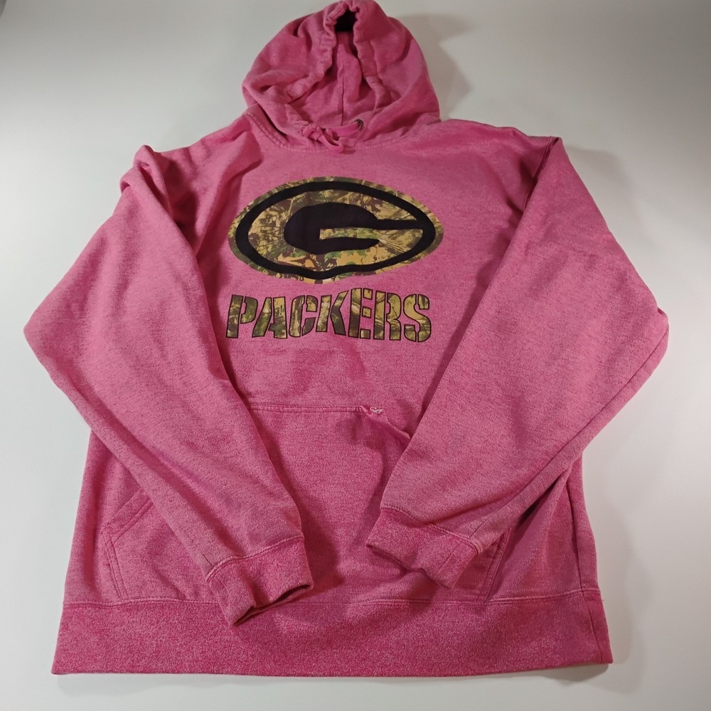 J America Women's XL Pink Green Bay Packer Camo Logo Pullover Hoodie
